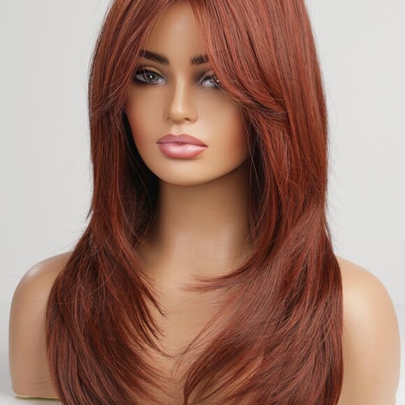 20” Synthetic Wig with Bangs – Heat Safe, Mid-Length Layered Red - Picture 8 of 14